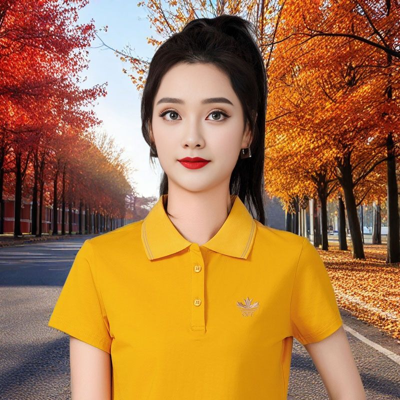 Collared T-Shirt Short-Sleeved Women's Top Summer Turn-Down Collar Loose Sports Women's Polo Shirt Pure Cotton Solid Color Polo Shirt Women Trendy