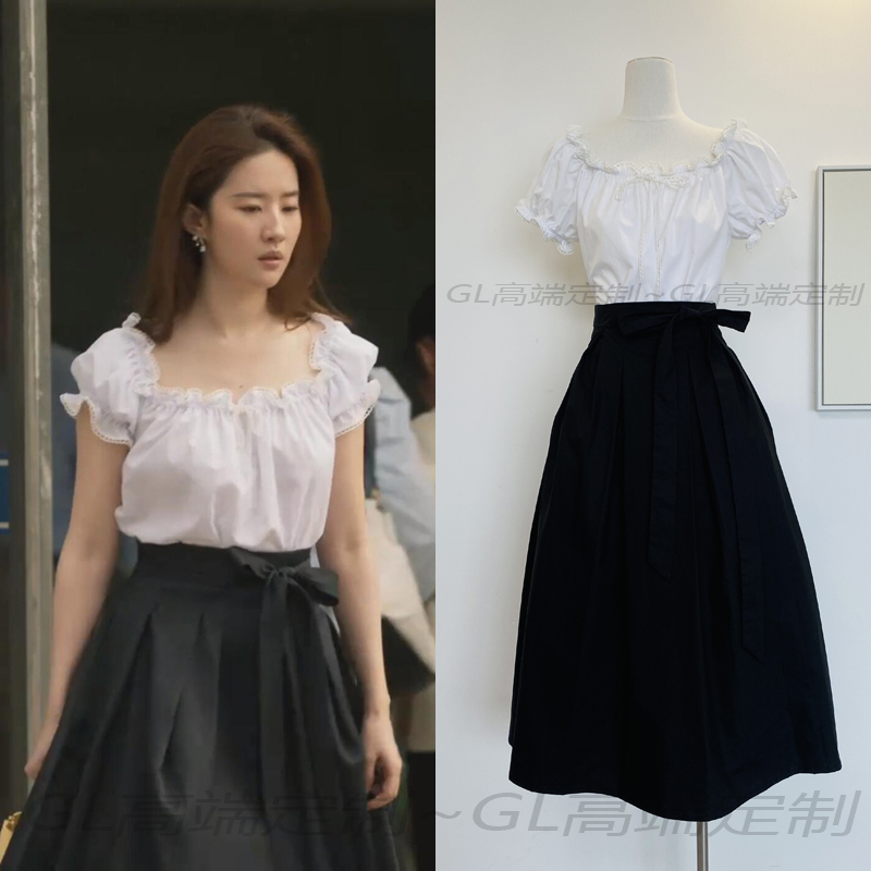 The Story of the Rose Liu Yifei and Huang Yimei's Same Style White Lace-Trimmed Shirt Women's Top Summer Blouse