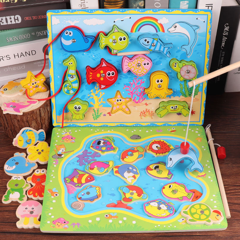 Children's fishing toys develop intelligence 1-2-3 years old baby early education puzzle magnetic children's hand-eye coordination building blocks