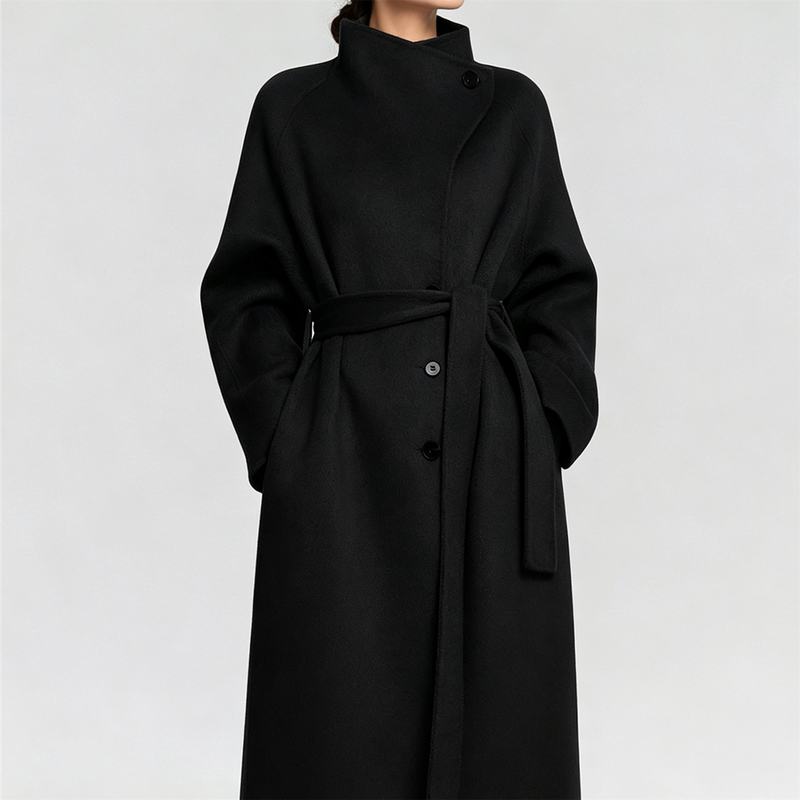 Korean Style Black Lazy Style High-Neck Woolen Coat for Women, High-End and Elegant, Waist-Cinching, Double-Sided Woolen Coat with Tie