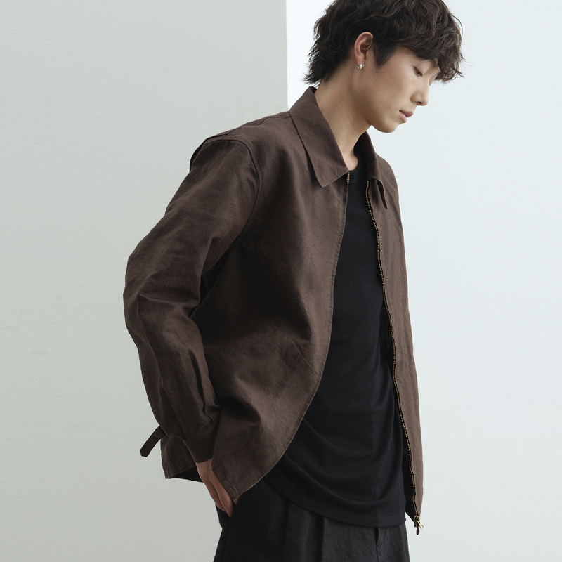 Npopo Japanese Imported Linen and Paper Vintage Lapel Casual Jacket for Men, Wrinkled, Dry and Neat Zipper Coat