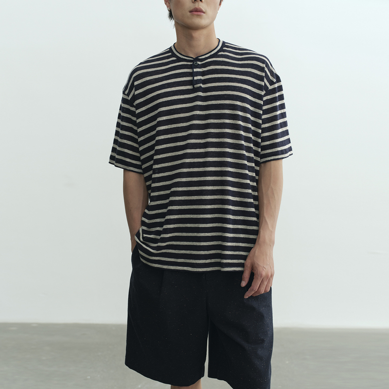 Npopo Japanese Imported Linen Vintage Striped Texture Henry Collar Short-Sleeved T-Shirt for Men, Cool and Elegant Round Neck Top Npopo Japanese Imported Linen Vintage Striped Texture Henry Collar Short-Sleeved T-Shirt for Men, Cool and Elegant Round Neck Top