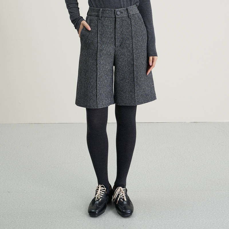 [Close Store Clearance] Weixiaer Autumn and Winter Dark Gray Five-Point Pants for Women, Slimming Woolen Tweed Mid-Length Pants, Wide-Leg Shorts