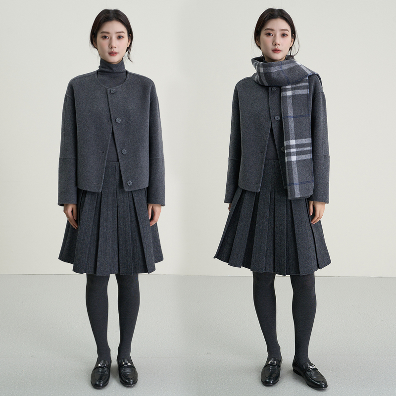 [Close Store Clearance] Weixiaer Plaid Scarf Collar Woolen Tweed Dark Gray Coat Double-Sided Woolen Jacket Winter