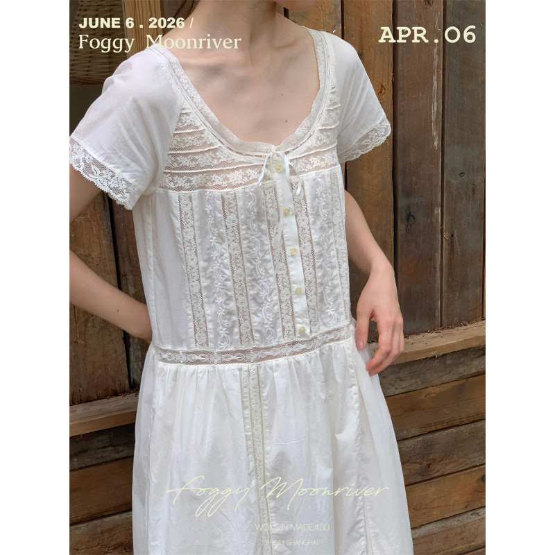 Foggy Moonrivers/Handmade Windmill Flower Embroidery Imported French Antique Cotton Short-Sleeved Dress
