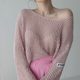 Korean chic French one-shoulder labeling design sense blue thin blouse hollowed out long-sleeved knitted sweater top women