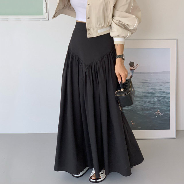 Korean chic summer new all-match simple wrinkle design sense high waist over-the-knee all-match A-line skirt skirt female