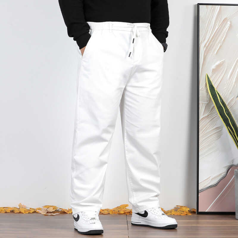 Spring and Summer Plus-Size White Men's Clothing, Elastic Waist, Extra Large Size, Pure Cotton Casual Men's Pants, Versatile Long Pants, Trendy