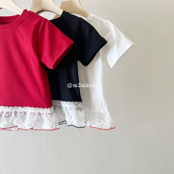 
Korean version of broken code summer girls red black white versatile T-shirt for children five-color lace spliced short-sleeved T-shirt