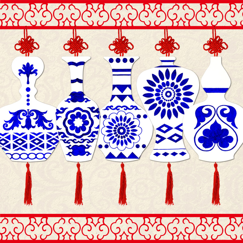 Hard cardboard blue and white porcelain vase charm kindergarten handmade template painted white background coloring art DIY