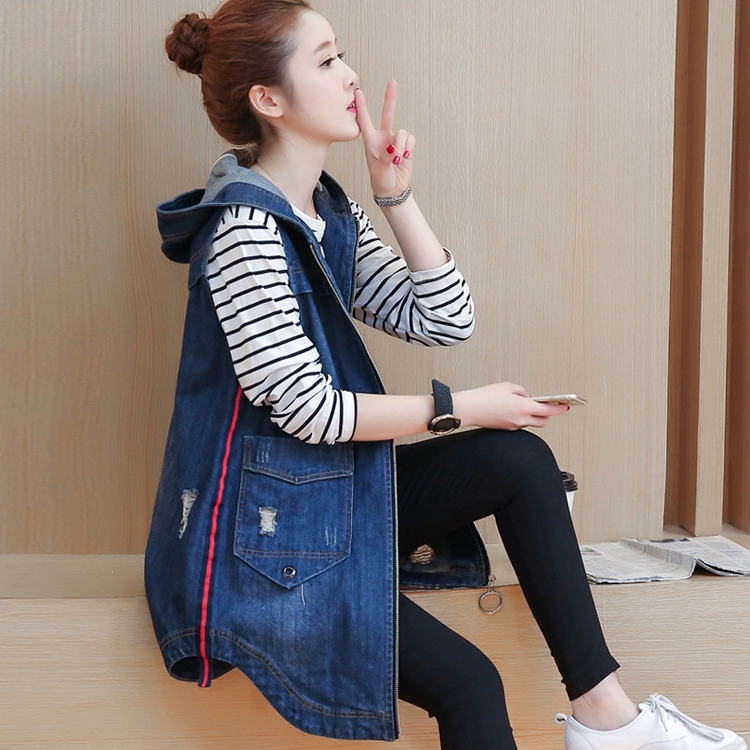 Áo vest denim nữ dài vừa phải chất béo cỡ lớn denim vest nữ vest vest mùa xuân và mùa thu trùm đầu mùa hè - Áo vest