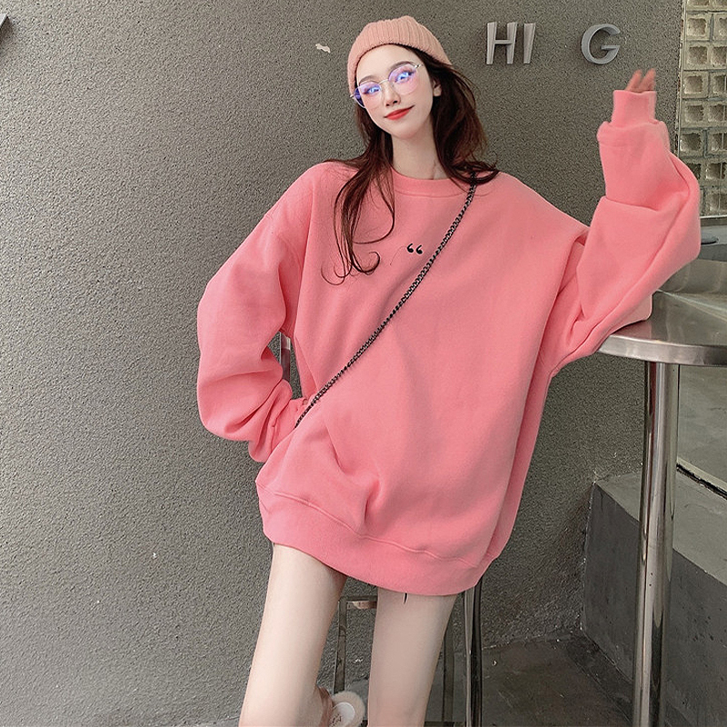 2022 new round neckline jacket head thick cotton T woman spring style Korean version loose with lazy wind and thin pink long sleeve blouse