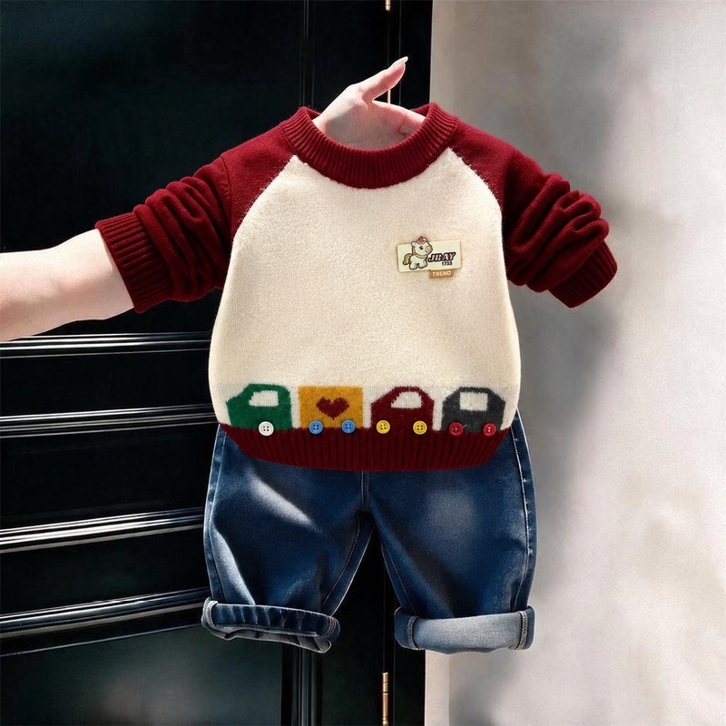 Playful Children's Pullover Sweater with Car Jacquard, 3D Buttons, Nameplate, and Fabric Label, Suitable for Everyday Wear as an Inner Layer