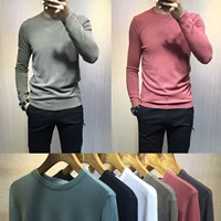 Áo len mỏng nam cổ tròn màu rắn áo len tay dài tay áo len thanh niên chạm đáy áo len nam bình thường - Kéo qua áo sweater nam