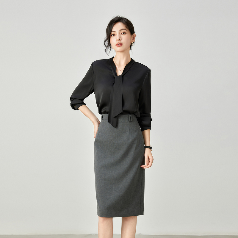 High-End Long-Sleeved Professional Work Shirt for Women, Black, Elegant, French Design, Ribbon, Exquisite Top, Blouse