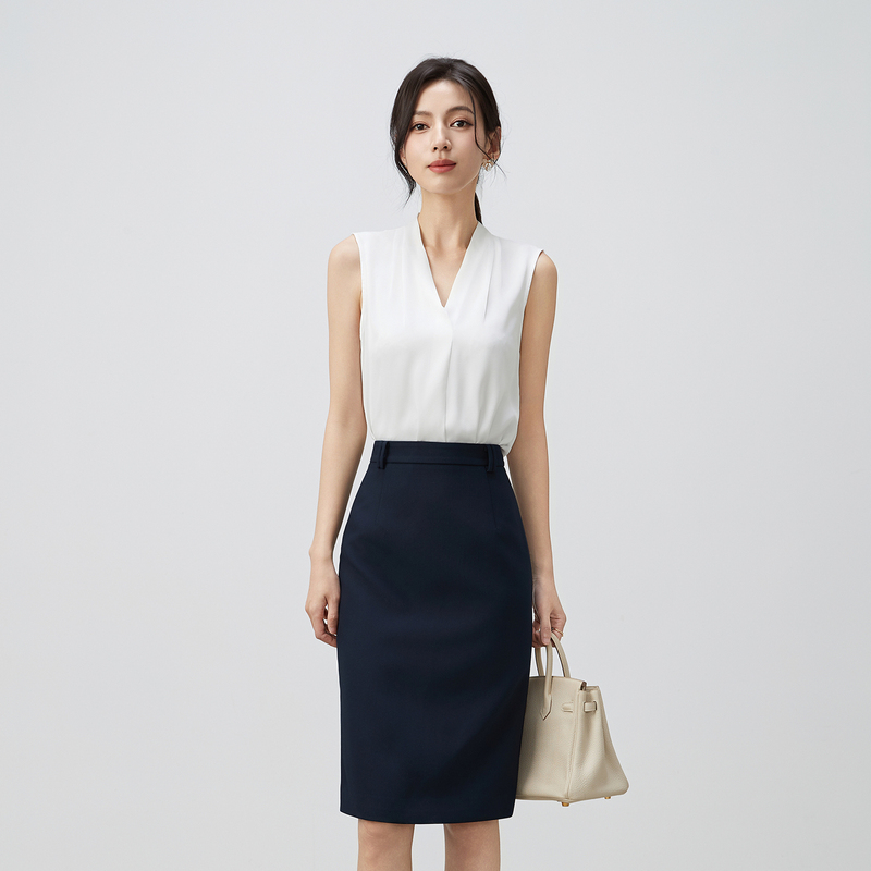 Summer New White Sleeveless Versatile V-Neck Top Shirt Inner Layer Vest Navy Blue Half-Body Pencil Skirt for Women