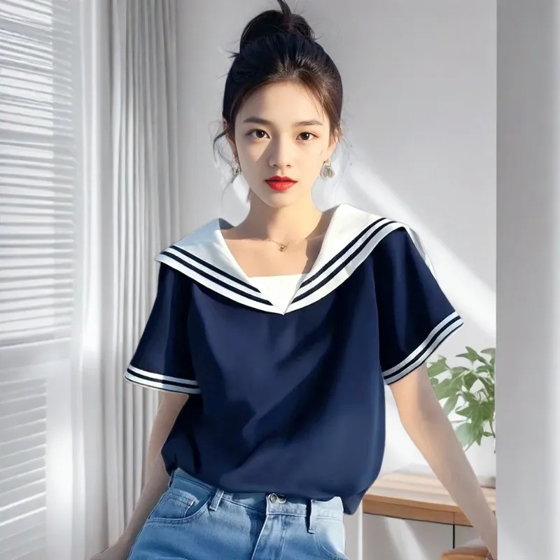 Navy Blue Sailor Collar Short-Sleeved Shirt for Women, Summer Outfit for Petite Figures, Korean Style, Loose Fit, Regular Shoulder, Covers the Body, Color-Blocking T-Shirt
