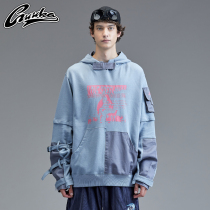 guuka Tide brand printed sweater male hooded youth Hip hop blue stitching cotton fake two pieces of sweater loose