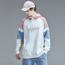  guuka tide brand printed sweater men hooded teen hip-hop pure cotton contrast stitching pullover sweater men loose