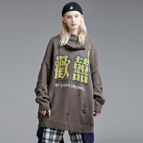 guuka Tide brand Brown hole sweater loose female lazy hip hop long round neck knitted sweater outside