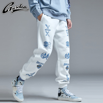 guuka print white trousers Tide brand Youth hip hop fleece padded cotton sports bunch foot pants loose