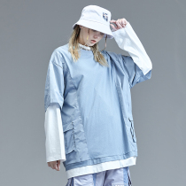 guuka Tide brand fake two long sleeve T-shirt female ins Super fire color matching stitching multi pocket cotton collar Long T loose