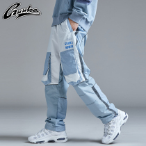 guuka Tide brand splicing straight pants mens autumn youth Hip Hop drawstring school pants sports tie pants loose