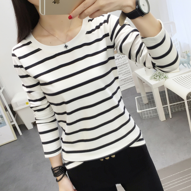 Women's Base Layer Shirt 2025 Spring New Black and White Striped T-Shirt Women's Long-Sleeved Korean Style Pure Cotton Slim Fit Top