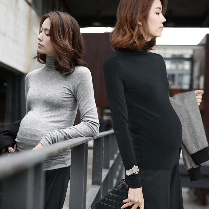 Pregnant women with a high-header sleeve T-shirt in a large number of pregnant women clothes in spring and autumn heap of collar coat