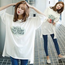 Fat mm pregnant woman T-shirt long loose breastfeeding clothes cotton maternity coat short sleeve Joker letter T-shirt summer