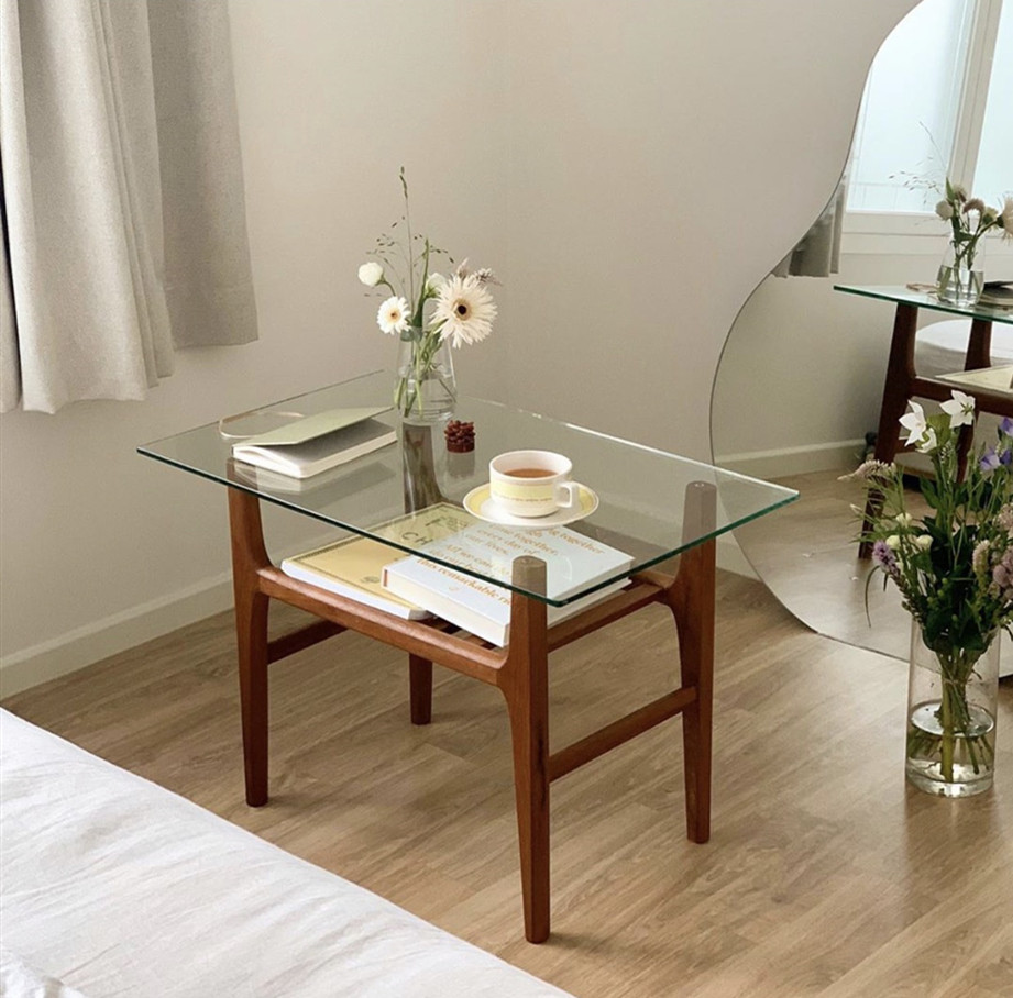 Po-Homemade Medieval Retro ins Red Oak Log Solid Wood Glass Tea Table Side Home Decoration Coffee Shop