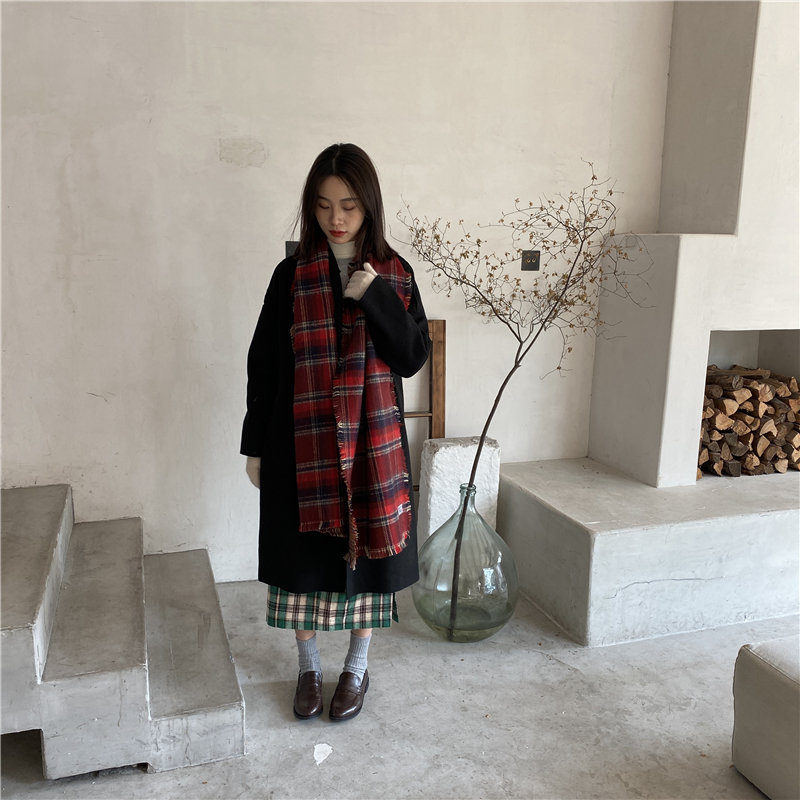Abao-Korean style ins New Year's Christmas red plaid double-sided imitation cashmere student warm scarf tassel all-match