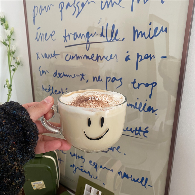 Po-Homemade Han Feng ins Cute Smiley Breakfast Cup Large Capacity Glass Oats with Coffee Yogurt Cup