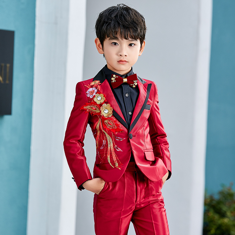 Boy Suits Suit Children Red West Suit Flowers Child Wedding Host Walking Show To Serve Boy Birthday Gown