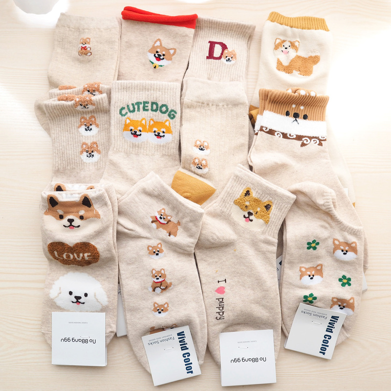Korean New Shiba Inu Socks with Cute Puppy Patterns, Daily Women's Socks in Beige and Light Camel Colors, in Stock Korean New Shiba Inu Socks with Cute Puppy Patterns, Daily Women's Socks in Beige and Light Camel Colors, in Stock