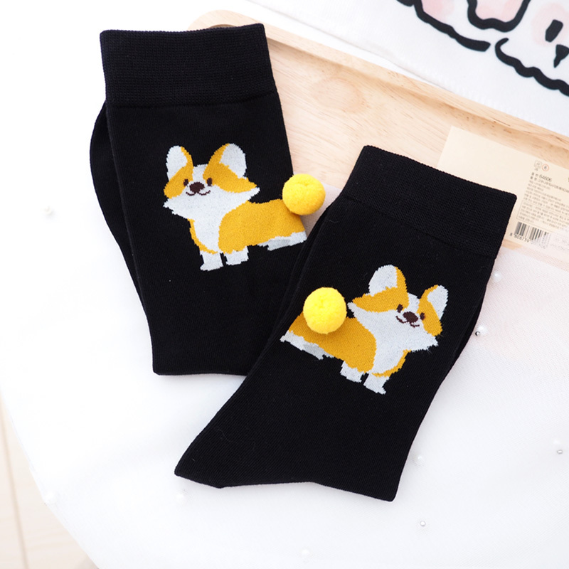 New Corgi-Themed 3D Pom-Pom Tail Socks, Cute Black Dog Socks for Women, in Stock
