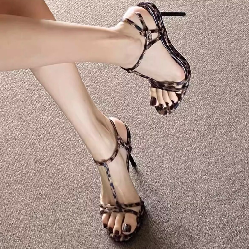 Elegant and Leg-Lengthening~ High-Heeled Shoes 2026 New Summer Leopard Print Open-Toe Sexy Ankle Strap Stiletto Sandals for Women