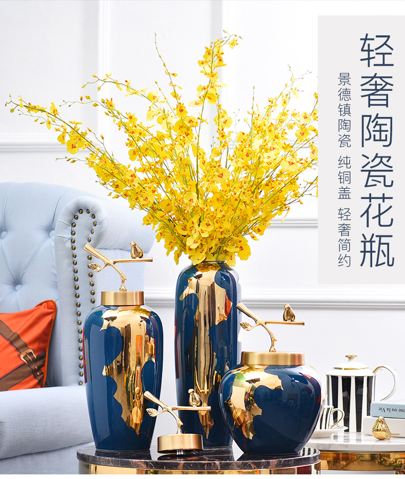 Light the key-2 luxury of modern ceramic vases, pure copper cover furnishing articles of new Chinese style living room flower arrangement of jingdezhen ceramic vase household