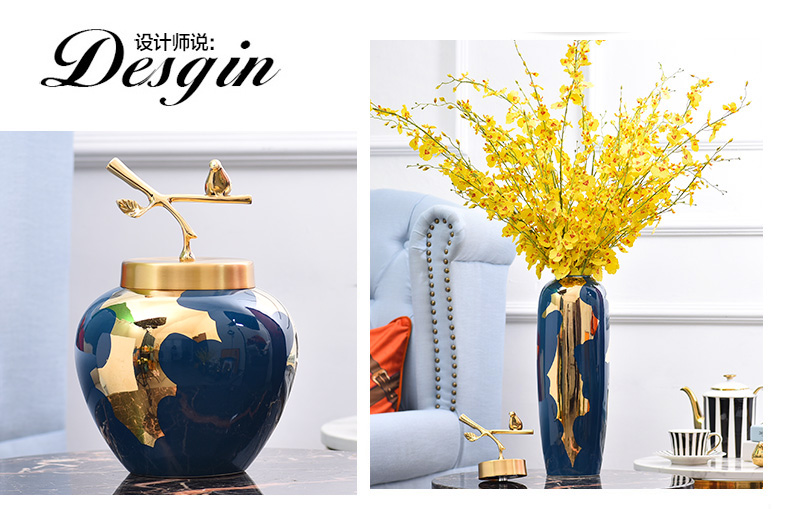 Light the key-2 luxury of modern ceramic vases, pure copper cover furnishing articles of new Chinese style living room flower arrangement of jingdezhen ceramic vase household