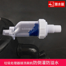Submarine garbage disposer connected to dishwasher sewer pipe one-way check valve anti-odor and backflow fittings