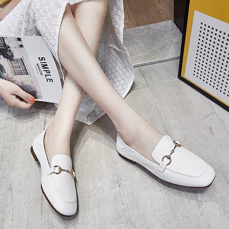 Horsebit loafers women's summer one pedal beef tendon bottom soft bottom fairy shoes gentle square toe flat shoes women's genuine leather