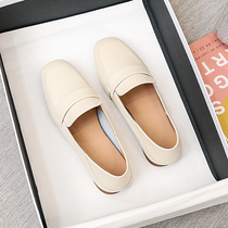 Flat bottom single shoe woman 2022 new spring style square head deep lipstick slim bean shoes one foot pedal soft bottom genuine leather Lefu shoes