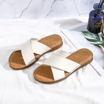 Cool slippers 2022 New female outwear Summer Bull Fascia Soft Bottom Slippers Leather Head Layer Bull Leather Flat Bottom