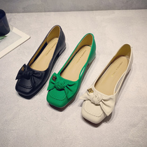 Coarse Heel Single Shoe Woman 2022 New Fit Dress A Foot Pedal Low Heel Ladyshoe Butterfly Knot Square Head Light Bean Bean Shoes