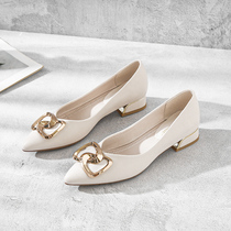 Grandma shoes women coarse heel pointed genuine leather metal buckle fairy shoes gentle single shoes Summer shallow mouth One foot pedal womens shoes