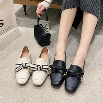 Square Head Lefu Shoes Women Genuine Leather Sloth flat bottom One foot pedal small leather shoes Soft bottom deep mouth low heel small fragrant wind single shoe spring