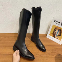 2021 New v mouth genuine leather brown Long boot Coarse Leg Slim Pointed High Cylinder Long Cylinder Boots Woman Retro Western Boots