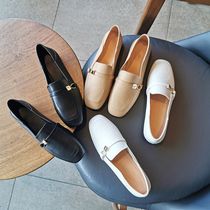 Ingléin Wind Lefu Shoes Womens Autumn Genuine Leather Soft Leather Calf Fascia Soft Bottom Deep Mouth Two Wear A Foot Pedal Square Bottom Single Shoe Woman