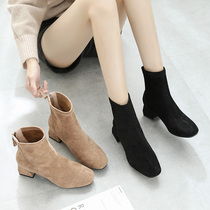 Frosted short boots female coarse heel 2021 new autumn and winter small subsuede side slim skinny boots in heel plus suede boots