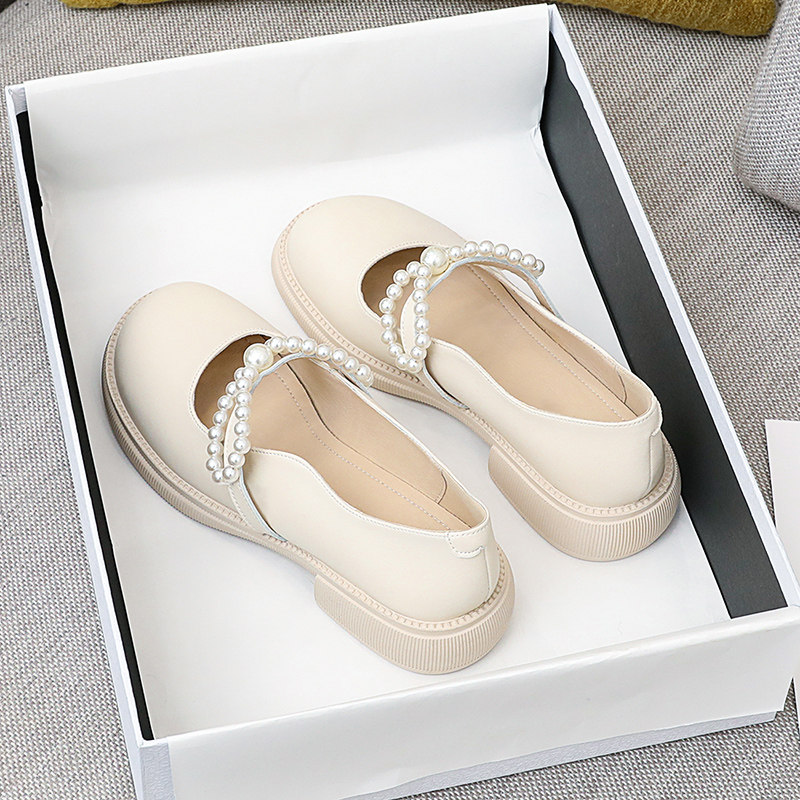 Round Head Small Leather Shoes Woman Little Crowd Design Feeling White Coarse Heel Pearl Mary Rare Shoes Fall Genuine Leather With Lefu Shoes